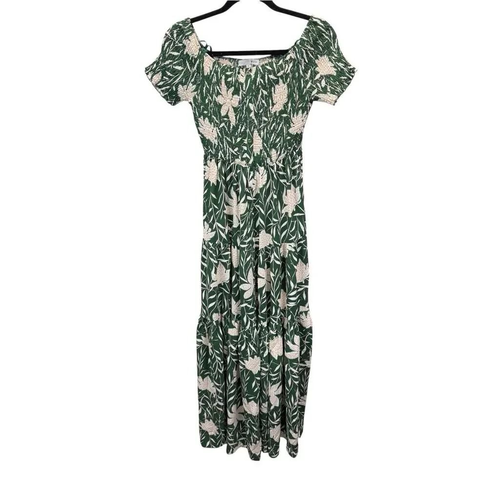 Baltic Born Becca Smocked Maxi Dress Green Floral Off Shoulder S - Picture 5 of 7